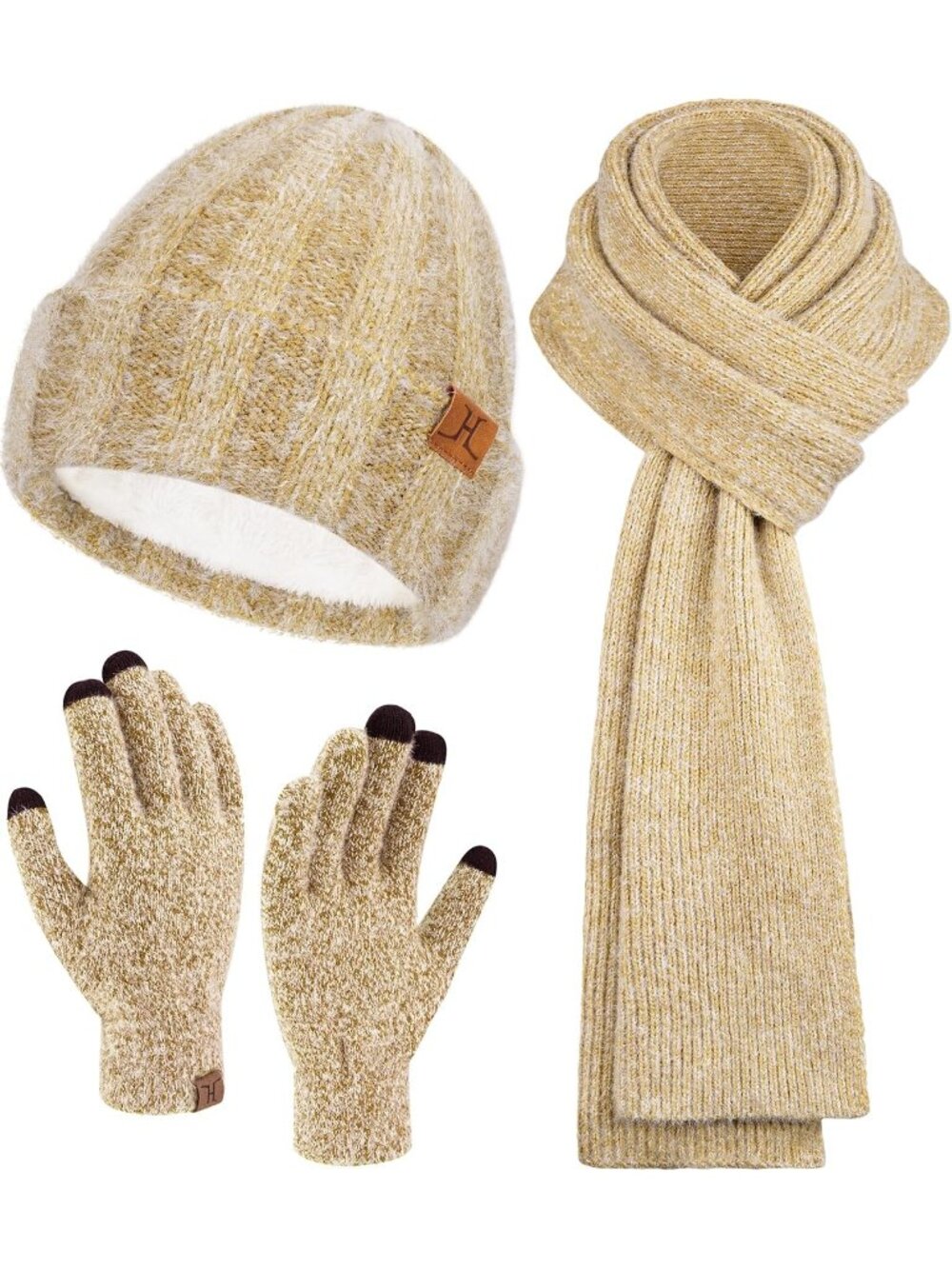 Women's Khaki Winter Beanie Hat and Scarf Warm Touchscreen Thick Thermal Gloves